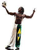 brazilian  black man soccer player holding showing football 