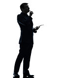 business man  thinking pensive digital tablet  silhouette