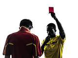 two men soccer player and referee showing red card silhouette