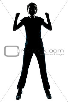 one young teenager boy or girl silhouette happy jumping screamin