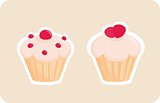 Sweet retro cupcakes vector silhouettes with red strawberry on top isolated on beige background.