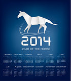 Calendar for the year 2014. Origami horse. Vector. 