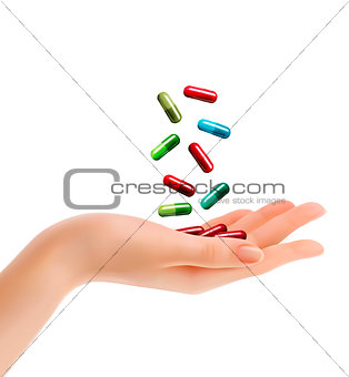 Woman hand with falling pills. Vector illustration.