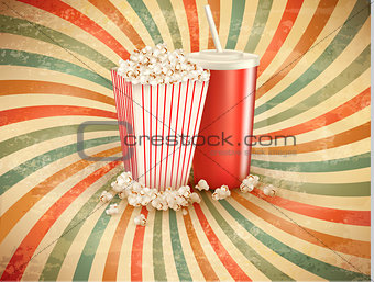 Retro background with Popcorn and a drink. Vector illustration. 