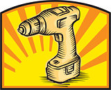 Cordless Drill Power Tool Woodcut Retro