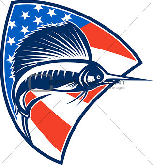 Sailfish Fish Jumping American Flag Shield Retro