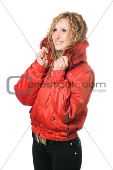 young smiling blonde in red jacket