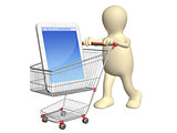 3d puppet with shopping cart and smartphone