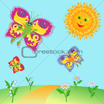 Fairy Butterflies and Sun over meadow