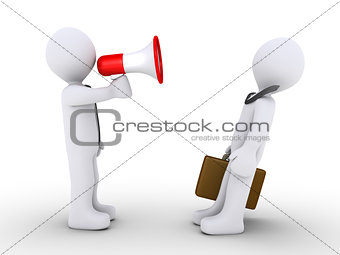 Boss is shouting to employee with a bullhorn