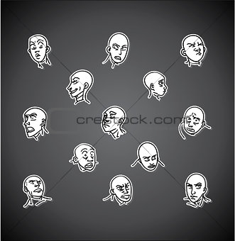 A variety of hand-drawn male faces - negative