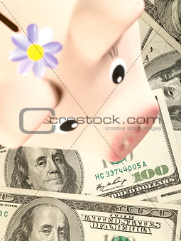 Money background from hundred bucks banknotes with Piggy Bank