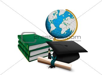 Mortarboard with Scroll and Stack of Books