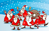 cartoon group of santa clauses