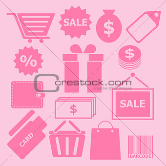 Set of shopping icons on pink background
