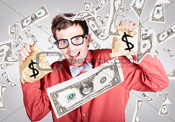 Happy accountant man in rain of falling money