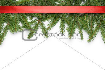 border from fir twigs and ribbon with shadow