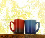 Two colorful coffee mugs in the autumn background