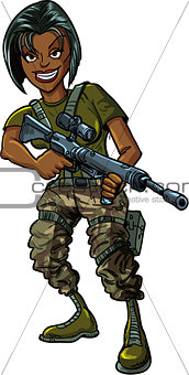 Black female soldier with assault rifle