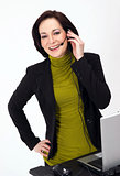Female Customer Service Worker Smiles Talking on Headset Phone