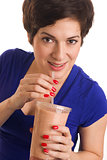 Attractive Woman sips Flesh Tone Blended Fruit Smoothie
