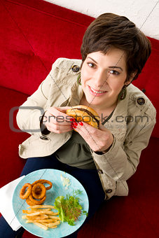 Hamburger Time Cheeseburger Delight Attractive Brunette Woman Eats Lunch