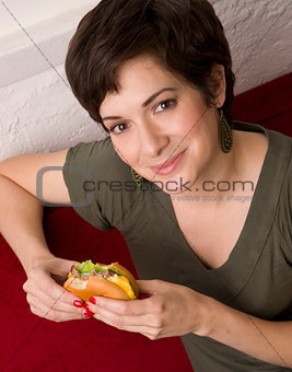 Cheeseburger Delight Attractive Brunette Woman Eats Lunch