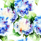 Seamless pattern with Beautiful Hydrangea blue flowers