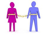 Man and woman linked by golden chain.