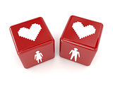 Two hearts, male and female figures on dices.