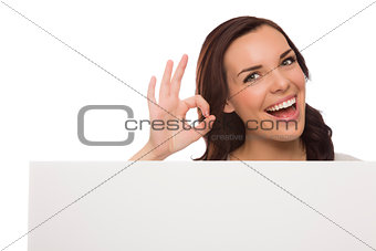 Smiling Mixed Race Female Holding Blank Sign on White 