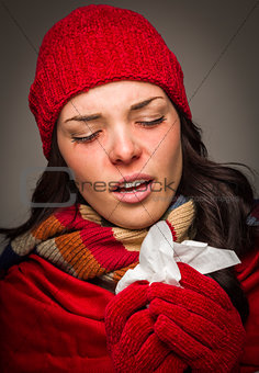 Sick Mixed Race Woman Blowing Her Sore Nose With Tissue