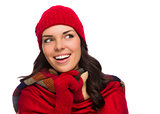 Mixed Race Woman Wearing Mittens and Hat Looks to Side