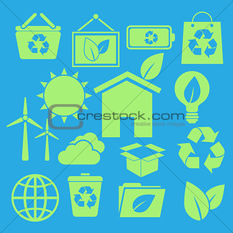 Set of ecology icons on blue background
