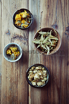 Dried marigold flowers, linden blossoms and hops for herbal tea