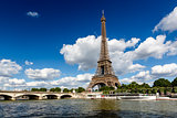 Eiffel Tower and Seine River with White Clouds in Background, Pa