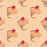 Seamless vector pattern or texture with big cupcakes, muffins, sweet cake and red heart on top