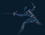 fencing pictogram with related wordings on blue background