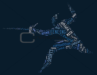 fencing pictogram with related wordings on blue background