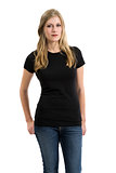 Blond woman modeling blank black shirt
