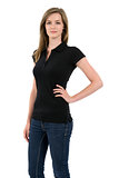 Blond woman modeling blank black polo shirt