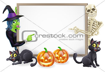 Halloween Sign with Skeleton and Witch
