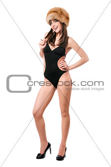 sexy lady wearing swimsuit and fur-cap