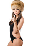 caucasian woman in swimsuit and fur-cap