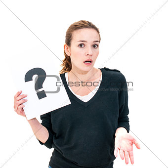 young woman with board question mark sign 