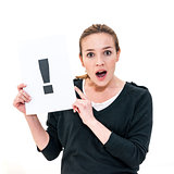 young woman with board exclamation point 