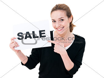happy young woman with board sale 