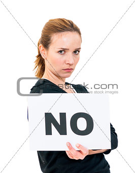 unhappy young woman with board NO