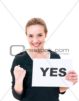 happy young woman with board yes 