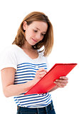 Young smiling woman reading Folders